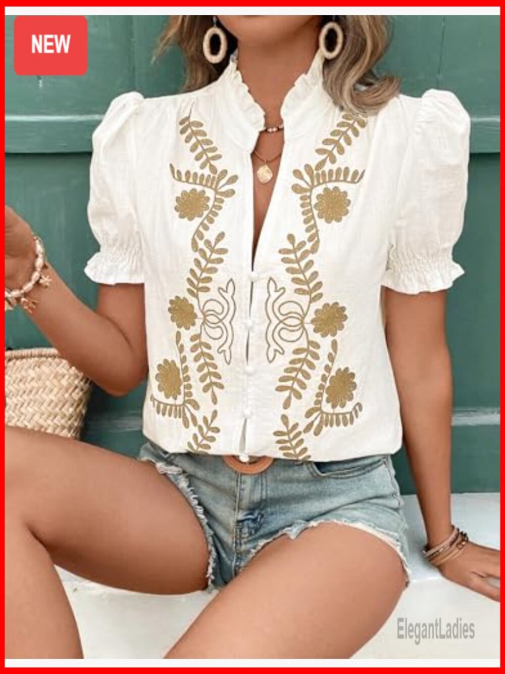 V Neck Puff Sleeve Button Down Shirt Embroidered Blouse Top - Picture 4 of 7